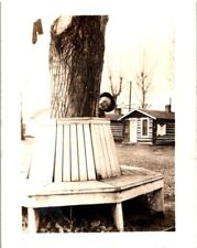Cute Young Boy Peeking from Behind Tree on Bench 1920s Found Photo 2x2.5