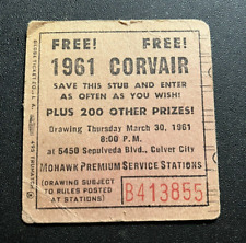 Vintage Raffle Ticket Stub - Win a 1961 Chevy Corvair - Mohawk Service Stations picture
