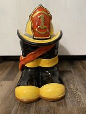 Vintage Fire Fighter Fireman Boots & Hat Ceramic Cookie Jar FD Black & Yellow picture