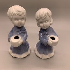 Vintage Blue White Porcelain Angel Boy  Girl Taper Candlestick Candle Holders 4” picture