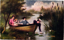 Vintage Posted June 1908 Postcard WOMEN in BOAT Lilypad picture