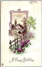 A Happy Birthday, 1923 Greetings, Countryside House, Flowers, Vintage Postcard picture