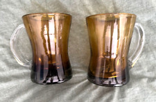 SET OF 2 VINTAGE HANDBLOWN GLASS MUGS AMBER HEAVY RETRO HANDLES BEER MUGS picture