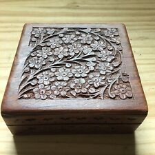 Vintage 1930s Square Wooden Trinket Box D. w/ Hand Carved Floral Patterns 6