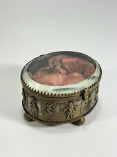 Antique 1890s French Art Nouveau Brass with Beveled Glass Oval Jewelry Box picture