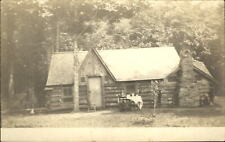 Log home stone fireplace ~ dinner table outside ~ RPPC real photo UDB c1905 picture