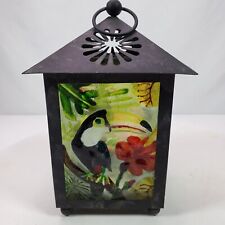 Vintage 1990s Hand Painted Toucan Bird Lantern 7x4.5x4.5 Inch Glass Metal picture