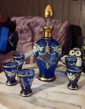 RARE Vintage 24kt Gold Murano Italian Cobalt Blue Cordial Set & 6 Glasses picture