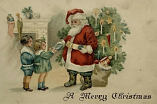 Postcard Embossed 1919 Santa Handing Gifts To Children Vintage Christmas picture