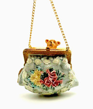 Gorgeous Vintage Ornament Teddy Bear Fancy Floral Purse Resin Ceramic Gold Chain picture