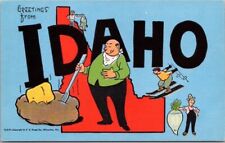 IDAHO Large Letter State Map Outline Comic Postcard Kropp Linen #CM9 c1940s picture