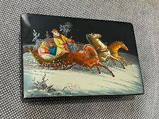 Vintage 1981 Russian Lacquer Signed Painted Box Troika Sleigh Figures Horses picture