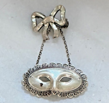 Vintage 1940s Sterling Silver Baton Rouge Mardi Gras Bow & Mask Dangle Brooch picture