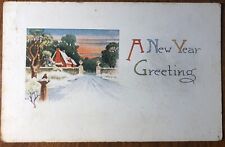 Antique Postcard “A New Year Greeting”Snow Landscape, Colorful Sky Printed Litho picture