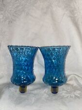 Pair 2 Blue Quilt Glass Peg Votive Candle Cups Home Interiors VTG New Grippers picture
