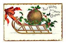 Christmas Post Card Ellen H Clapsaddle Embossed Holly and Sled c.r. 1907  Ex Con picture