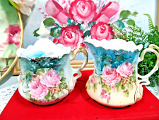 RS PRUSSIA creamer and sugar holder pink rose painted German set Germany picture