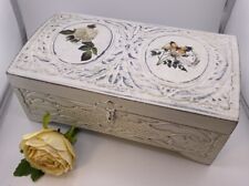 Small White Washed Carved Wood Jewelry Box, Decorated Mirror Inside Lid. picture