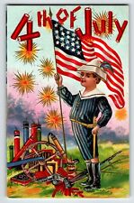 4th Of July Postcard Boy Fireworks Skyrocket Firecrackers Flag Unposted Santway picture