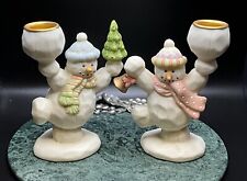 Set Of (2) Creamy White Bisque Pastel Snowman Taper Candlestick Holders- 4.5” picture