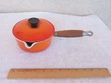 VTG France Le Creuset #14 Enamel Cast Iron 2 Toned Orange Sauce Pan Wood handle picture