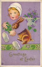 EASTER - Girl Holding Rabbit Greetings at Easter - 1918 picture
