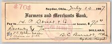Snyder, Oklahoma Territory 1907 Farmers and Merchants Bank Check picture