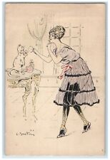 Art Deco Artist Signed Postcard Woman Powdering Cat c1910's Unposted Antique picture