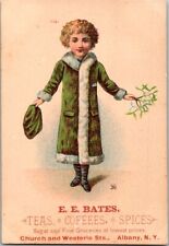 E E Bates Teas Coffee Spices ALBANY NY Child Green Coat Victorian Trade Card picture