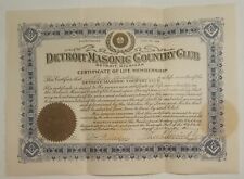 1920 Detroit Masonic Country Club Lifetime Membership Certificate picture