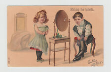 Two Children at Vanity - Playing Dress Up c 1908 - Strange Antique Postcard 1719 picture
