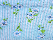 Vtg Cotton Seersucker Fabric Aqua Stripes White Blue Flowers 46.5