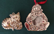 2 Gorham Silverplate Christmas Tree Ornaments Cat and Santa Claus Frame Vintage picture