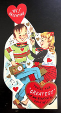 Vintage 50s Valentine Groovy Dancing Gold Accent Die Cut Tri Fold Greeting Card picture