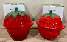 Le Creuset Strawberry & Raspberry set of 2 mini Cocotte fruit rare stonware  picture