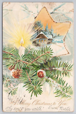 Postcard A Merry Christmas to You, Pine, House Star Vintage Undivided Back 1906 picture