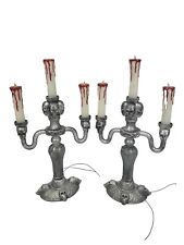 ANIMATED FLICKER LIGHT UP SKULL Dripping BLOOD CANDLES CANDELABRA Prop  Set of 2 picture