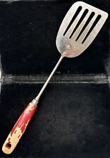 Vintage A&J Rounded Spatula Fish Flipper Wooden Red Handle Kitchen Utensil picture