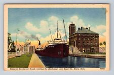 Sault Ste. Marie MI-Michigan, Freighter Leaving MacArthur Lock, Vintage Postcard picture