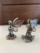 TWO FAIRY PIXIE FIGURINE WITH STAINED GLASS WINGS 4in picture