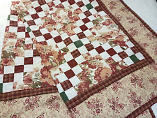 Pretty French Country Vintage Style Patchwork Quilt Green Dark Red Floral 66x82