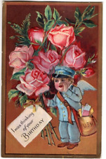 ANTIQUE EMBOSSED BIRTHDAY Postcard    POSTAL CARRIER DELIVERING PINK ROSES picture