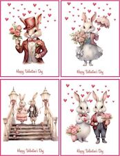 VALENTINE ASST BUNNY RABBIT VINTAGE VICTORIAN WATERCOLOR 8 GLOSSY BLANK CARD picture