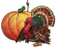 COLORFUL TURKEY w LARGE PUMPKIN  * THANKSGIVING ORNAMENT * Vtg Img picture