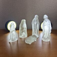 VINTAGE COLLECTIBLE FROSTED GLASS 5 PC NATIVITY SET JESUS MARY CHRISTMAS HOLIDAY picture