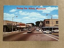 Postcard Wellesley MA Massachusetts Downtown Main Street Greetings Old Cars picture
