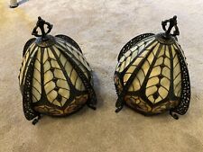 PAIR VINTAGE  STAINED/ LEADED  GLASS  LAMP  SHADES VERY COOL COMES WITH HARP picture