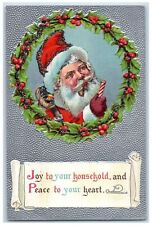 c1910's Christmas Santa Claus Pipe Whreat Glitter Embossed Antique Postcard picture