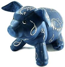 Adorable Vintage Hand Painted Blue Ceramic Folk Art Piggy Bank Coin Bank picture