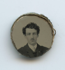 Mini Tintype Mourning Button or Jewelry with Black Striped Fabric on Reverse picture